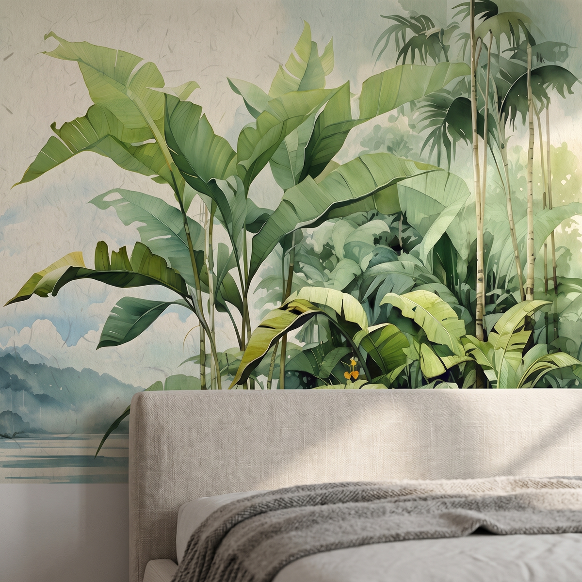 Détail du papier peint panoramique Jungle aquarelle, vert, matière intissée mate