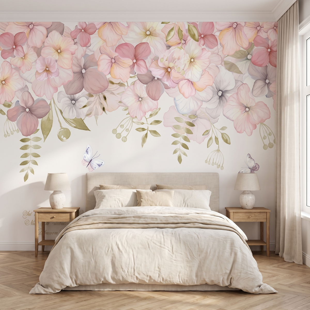 Papier peint panoramique Guirlande de fleurs, rose poudré posé du sol au plafond dans une chambre