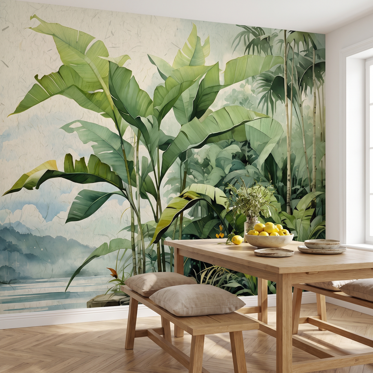 Papier peint panoramique Jungle aquarelle, vert posé du sol au plafond dans une cuisine