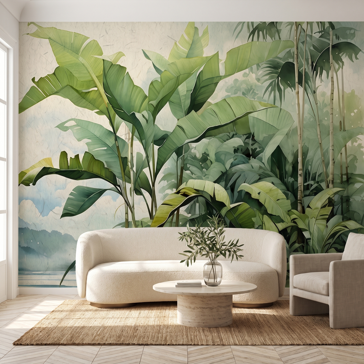 Papier peint panoramique Jungle aquarelle, vert posé du sol au plafond dans un salon