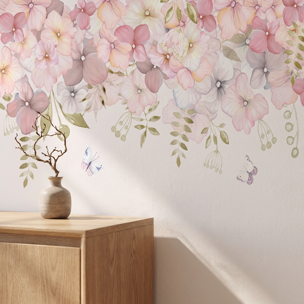 Détail du papier peint panoramique Guirlande de fleurs, rose poudré, matière intissée mate