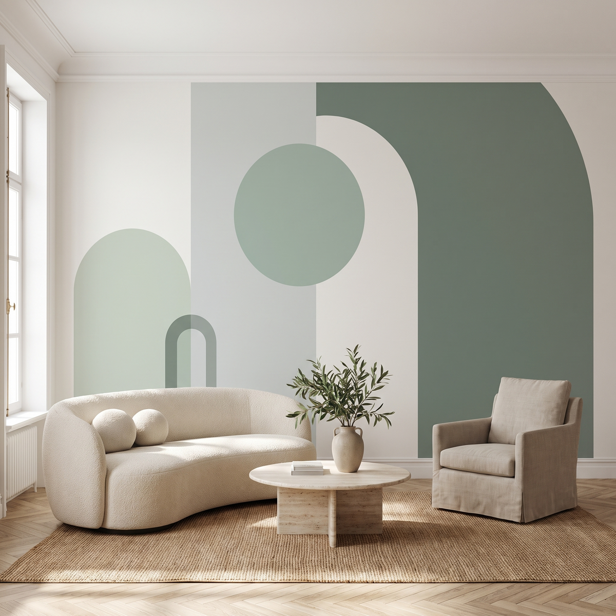 Papier peint panoramique Arches, vert sauge posé du sol au plafond dans un salon