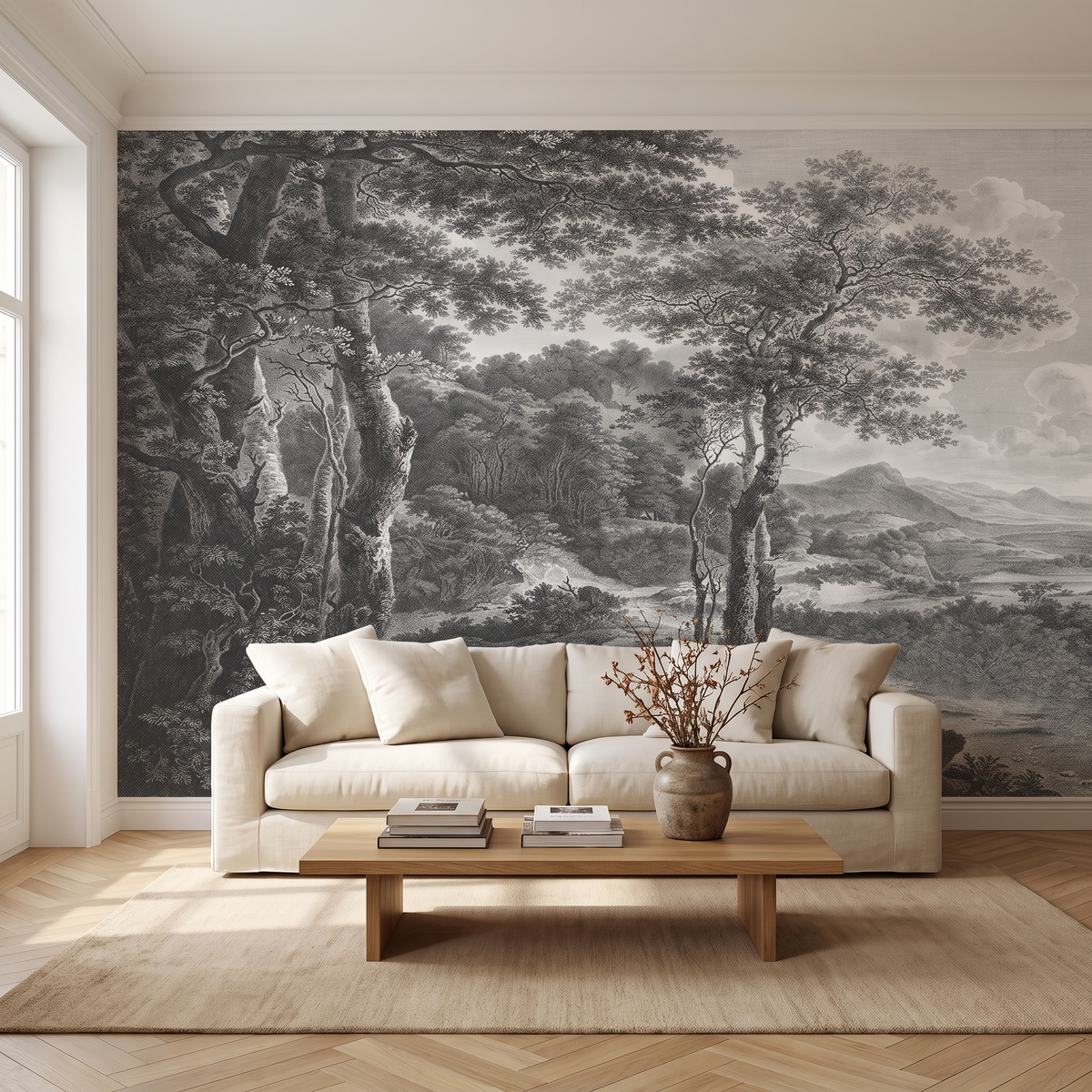 Papier peint panoramique Forêt gravée, noir et blanc posé du sol au plafond dans un salon