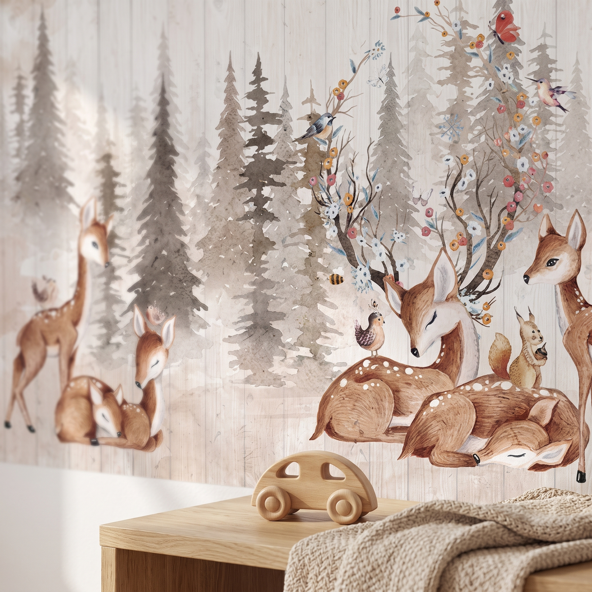 Détail du papier peint panoramique Forêt aux cerfs, beige, matière intissée mate
