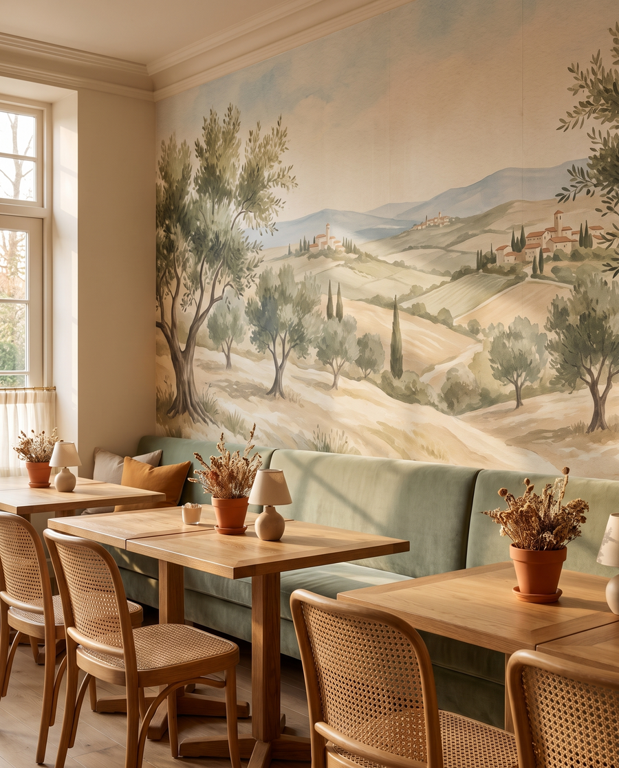 Restaurant avec papier peint panoramique oliviers