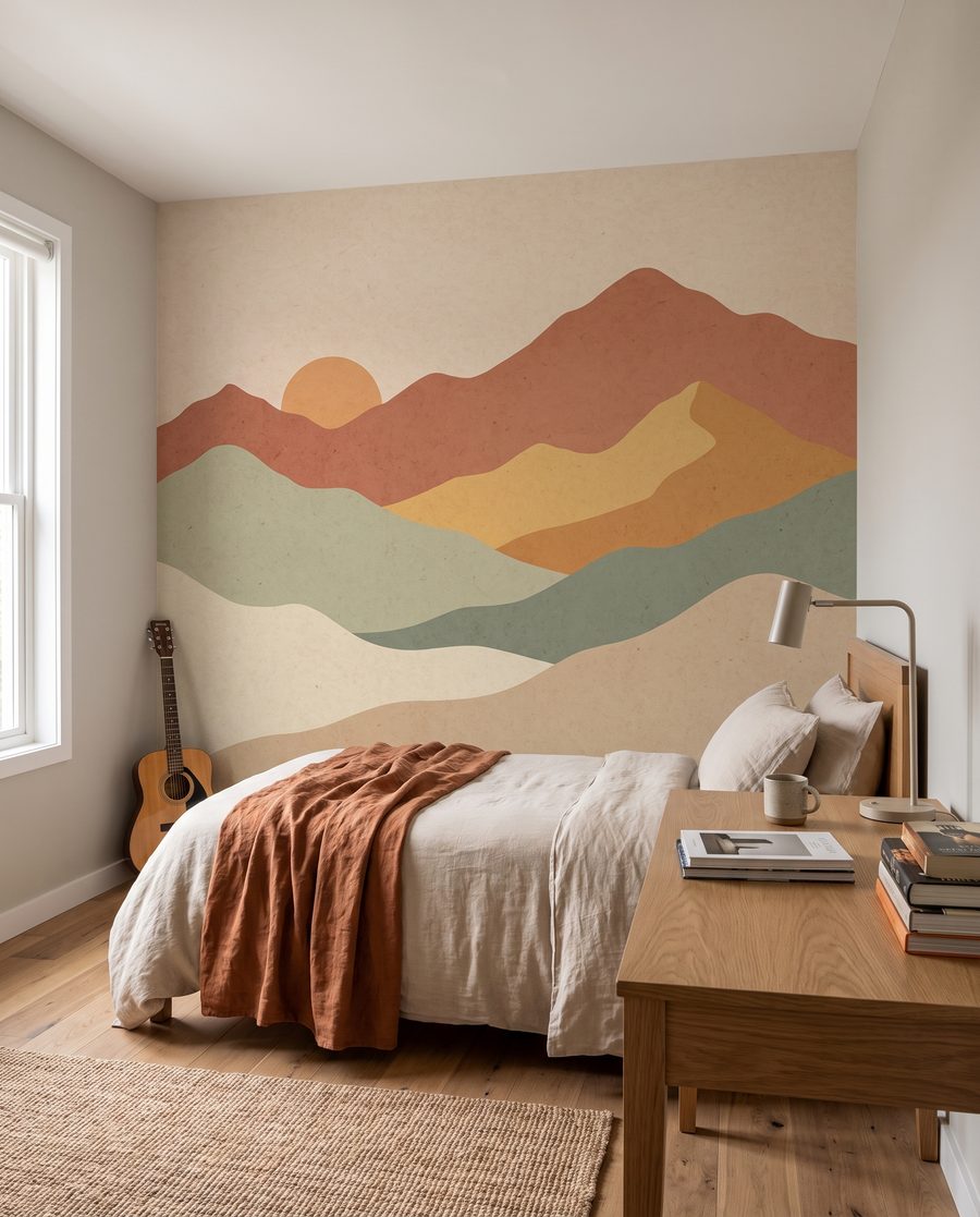 Chambre d’ado avec papier peint montagnes graphiques