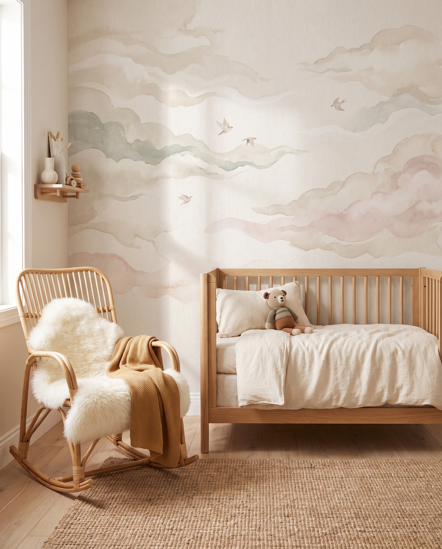 Chambre de bébé avec papier peint nuages et oiseaux