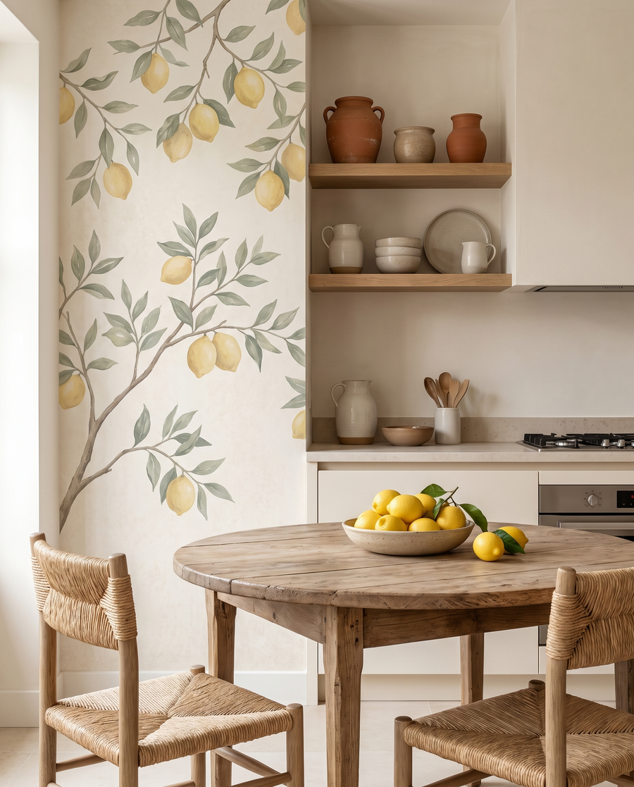 Coin repas avec papier peint branches de citronnier