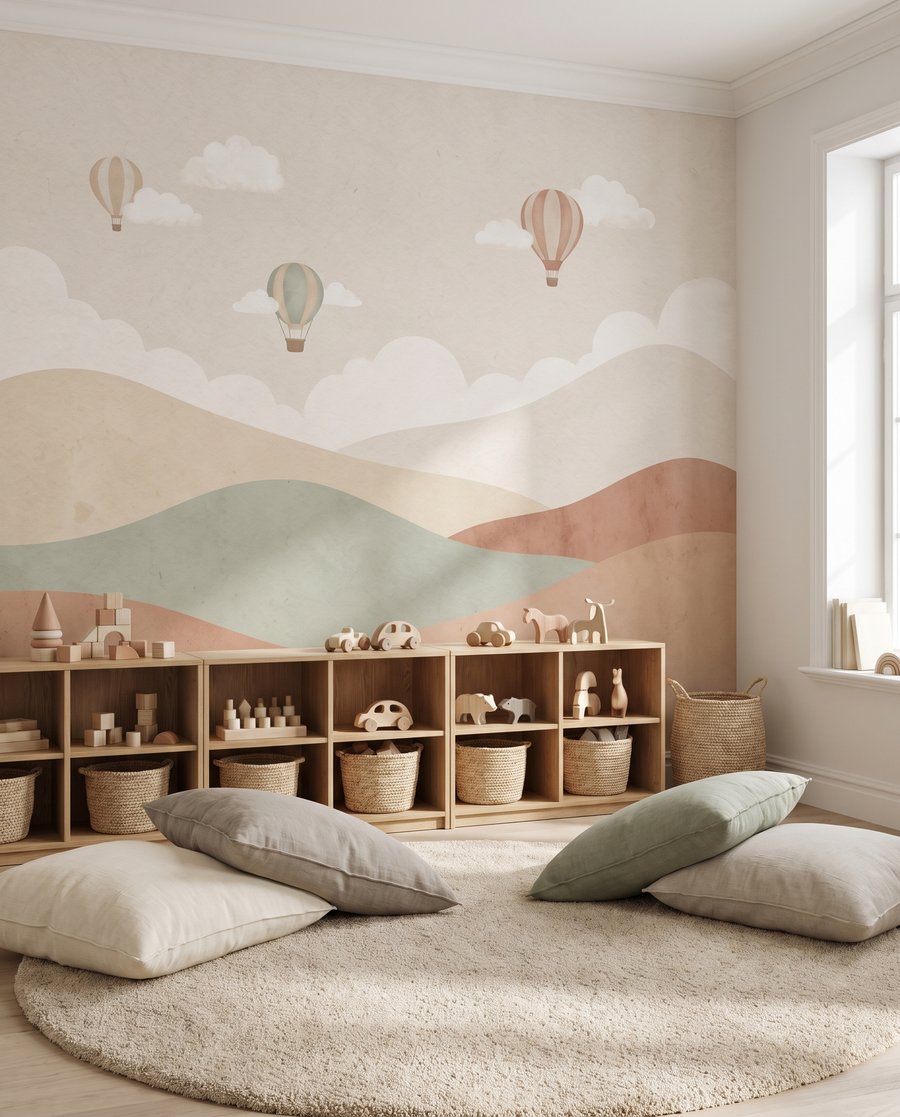 Salle de jeux avec papier peint collines et montgolfières