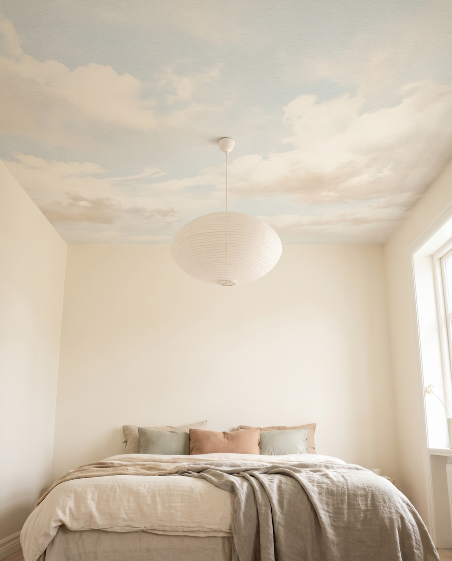Plafond de chambre habillé d’un papier peint ciel