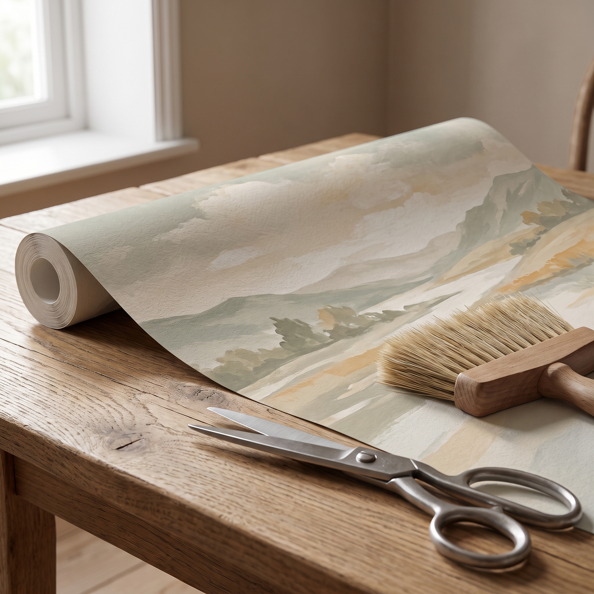 Papier peint intissé imprimé, brosse de pose et ciseaux