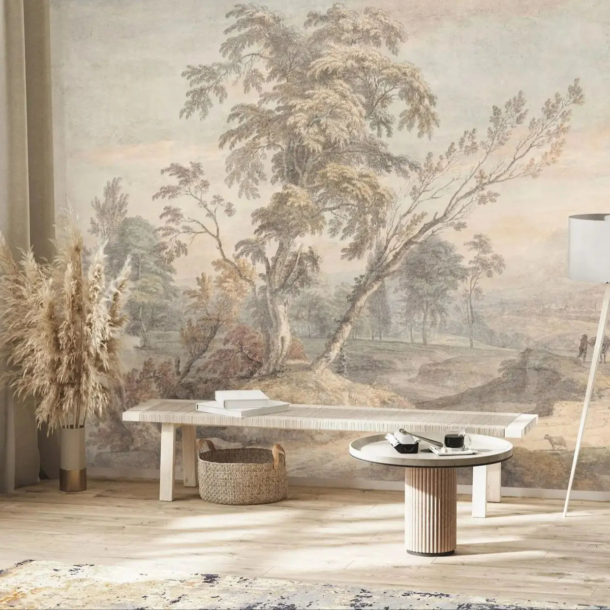 Papier peint panoramique Arbres légers, sépia pâle, exemple de pose
