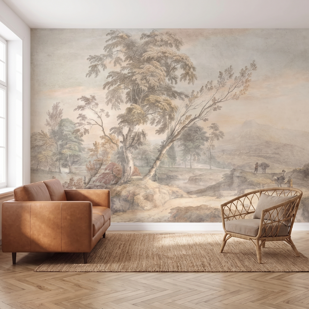 Papier peint panoramique Arbres légers, sépia pâle posé du sol au plafond dans un salon