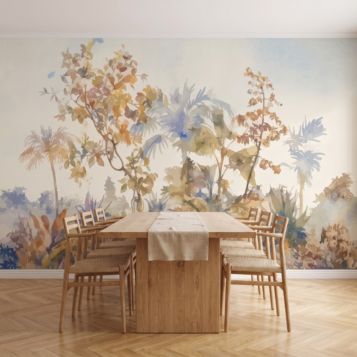 Papier peint panoramique Arbres peints, tons sépia posé du sol au plafond dans une salle à manger