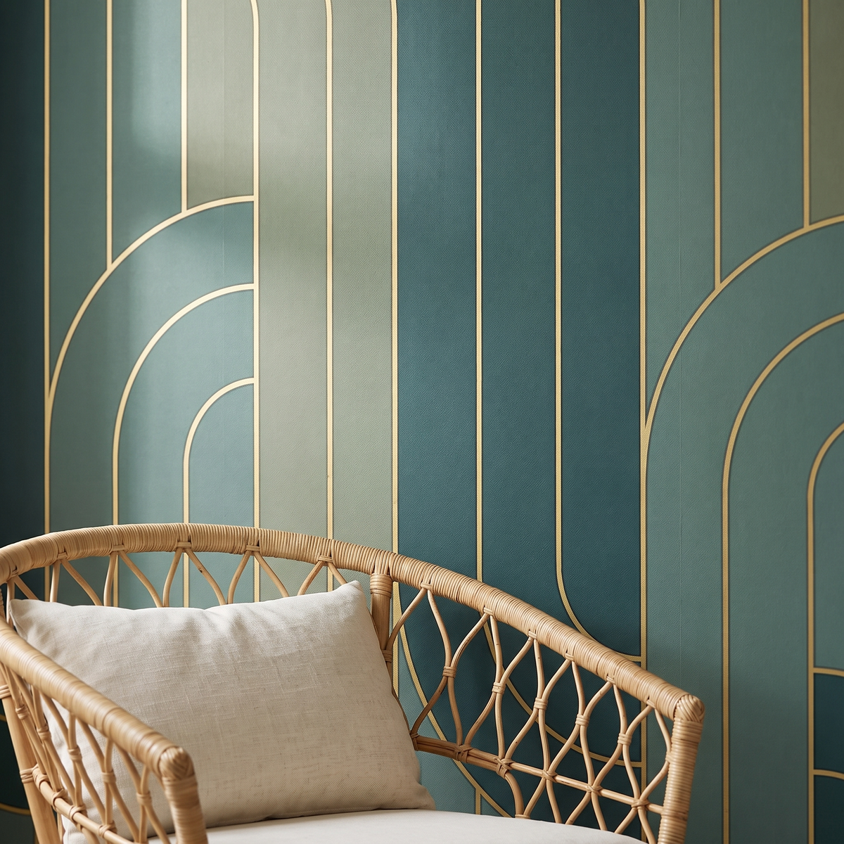 Détail du papier peint panoramique Arches art déco, vert et laiton, matière intissée mate