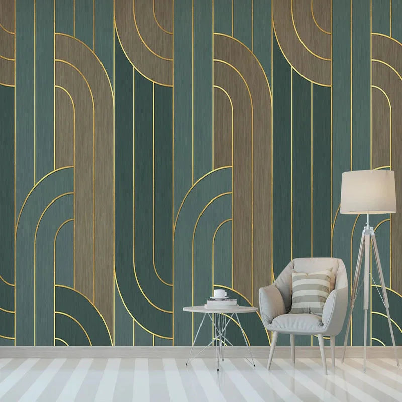 Papier peint panoramique Arches art déco, vert et laiton, exemple de pose