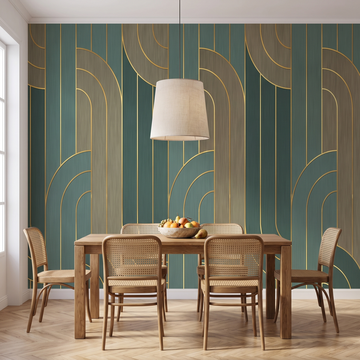 Papier peint panoramique Arches art déco, vert et laiton posé du sol au plafond dans une salle à manger