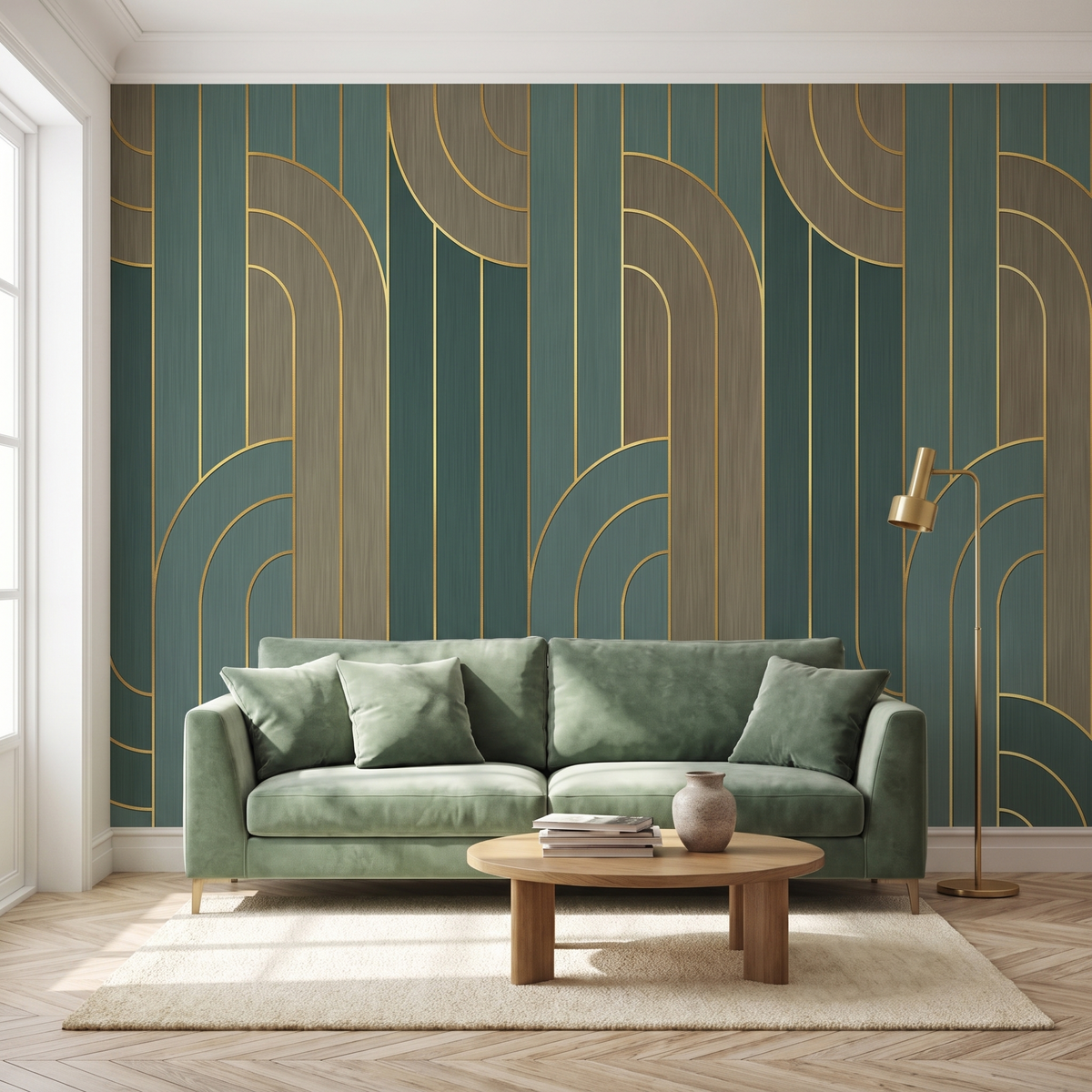 Papier peint panoramique Arches art déco, vert et laiton posé du sol au plafond dans un salon