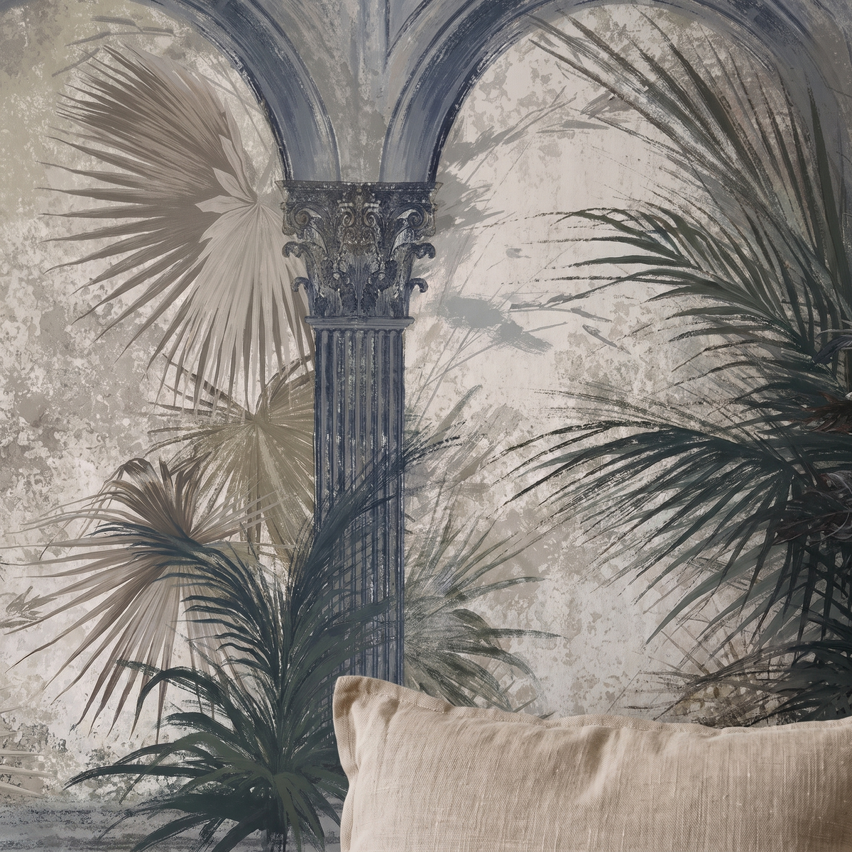 Détail du papier peint panoramique Arches et palmes, gris, papier intissé mat