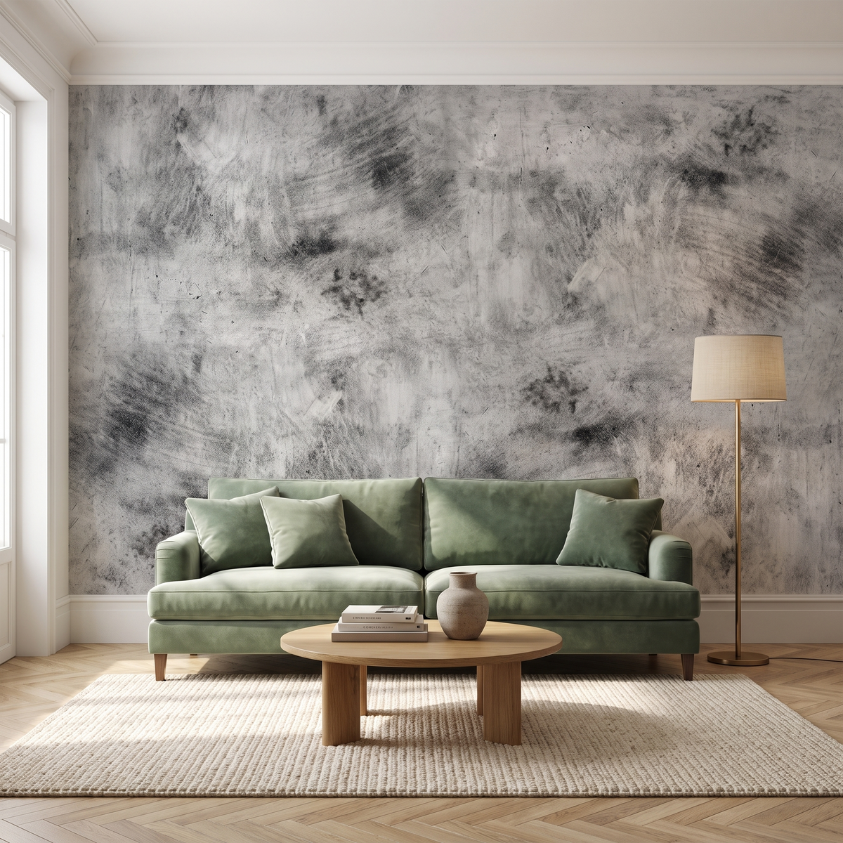 Papier peint panoramique Béton brut, gris posé du sol au plafond dans un salon