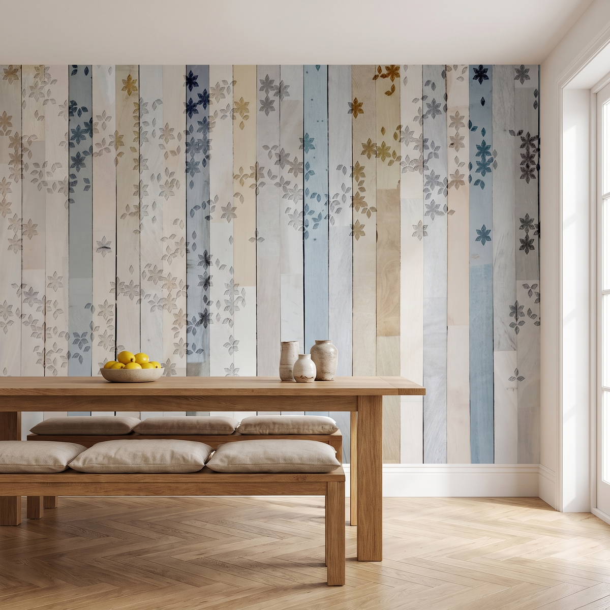Papier peint panoramique Bois patiné et feuillage, bleu-gris posé du sol au plafond dans une cuisine