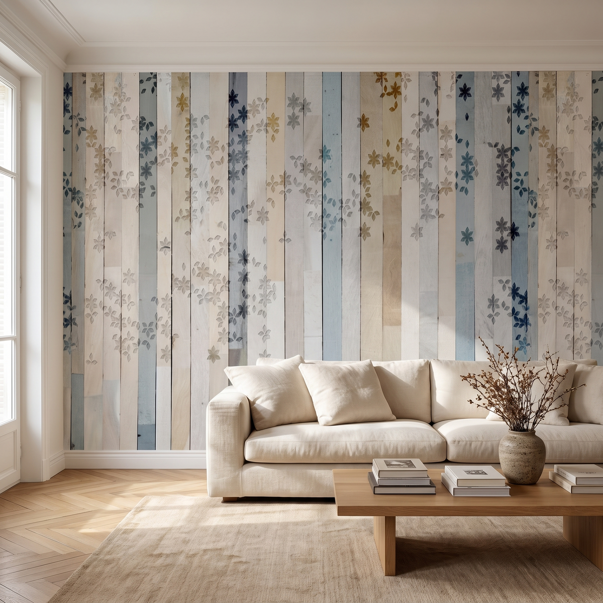 Papier peint panoramique Bois patiné et feuillage, bleu-gris posé du sol au plafond dans un salon