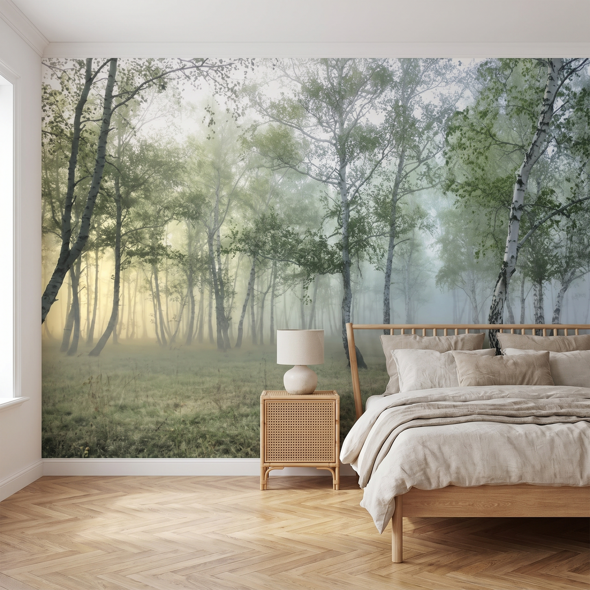Papier peint panoramique Bouleaux dans la brume, vert tendre posé du sol au plafond dans une chambre