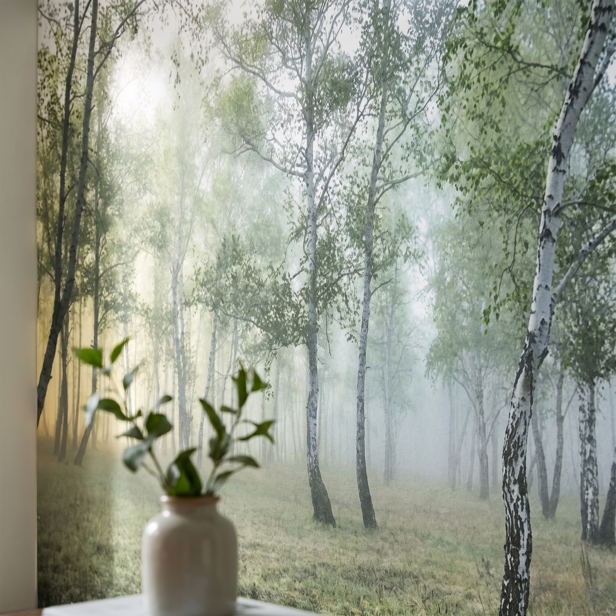 Détail du papier peint panoramique Bouleaux dans la brume, vert tendre, matière intissée mate