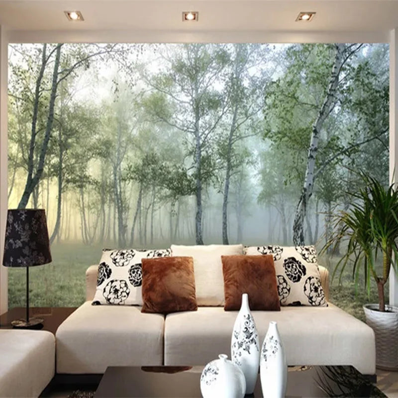 Papier peint panoramique Bouleaux dans la brume, vert tendre, exemple de pose