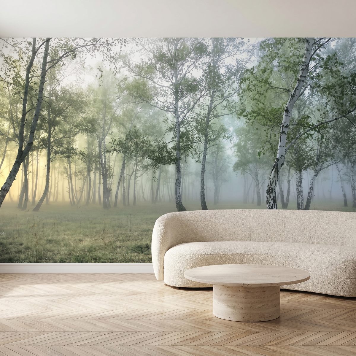 Papier peint panoramique Bouleaux dans la brume, vert tendre posé du sol au plafond dans un salon