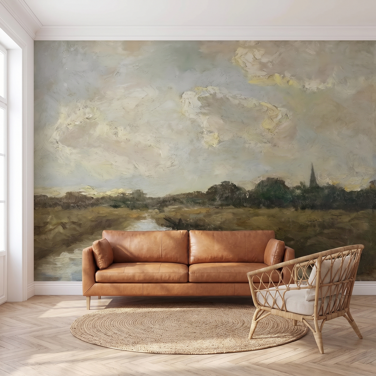 Papier peint panoramique Campagne et grand ciel posé du sol au plafond dans un salon