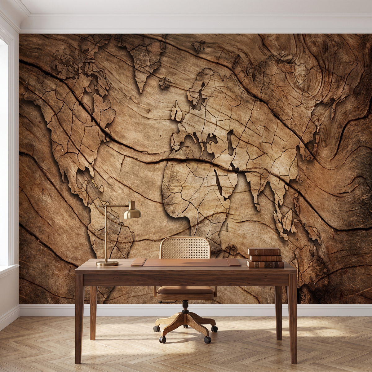 Papier peint panoramique Carte du monde sur bois, brun posé du sol au plafond dans un bureau