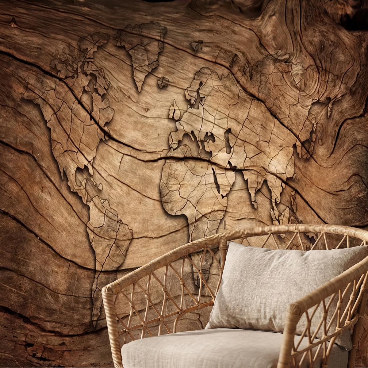 Détail du papier peint panoramique Carte du monde sur bois, brun, matière intissée mate
