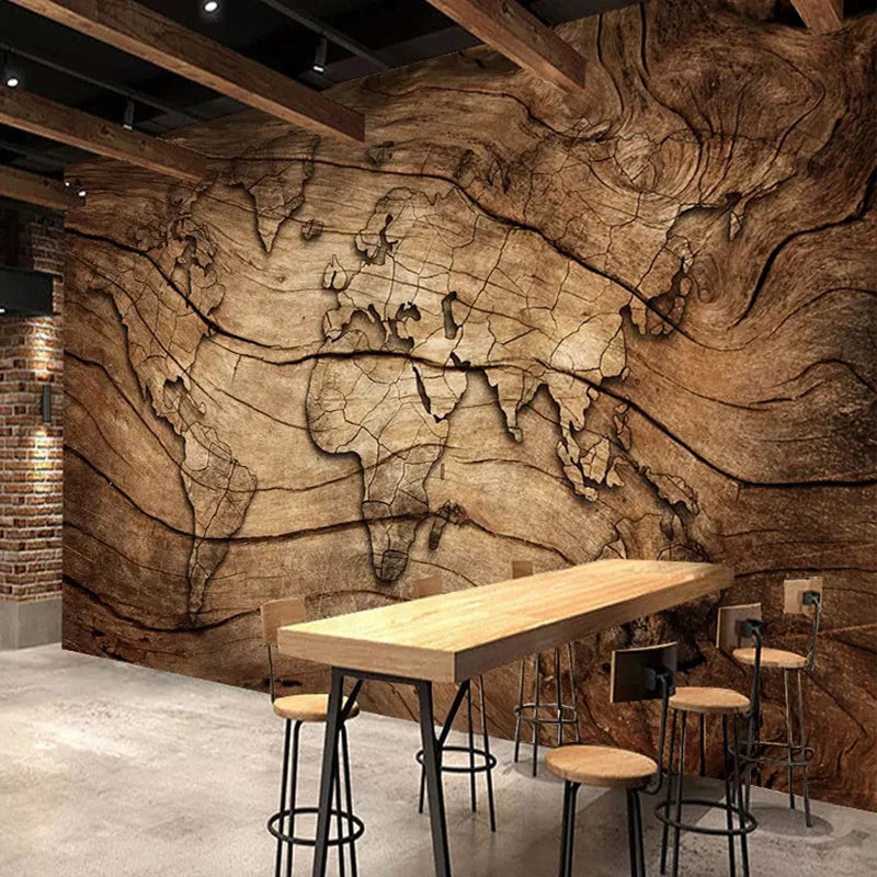 Papier peint panoramique Carte du monde sur bois, brun, exemple de pose