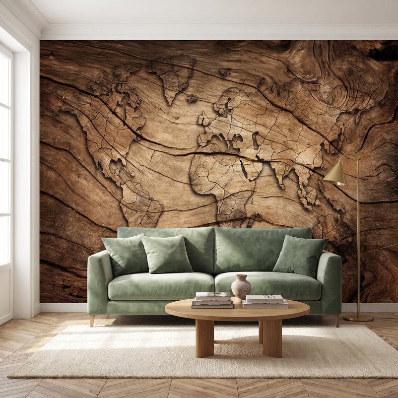 Carte du monde sur bois, brun
