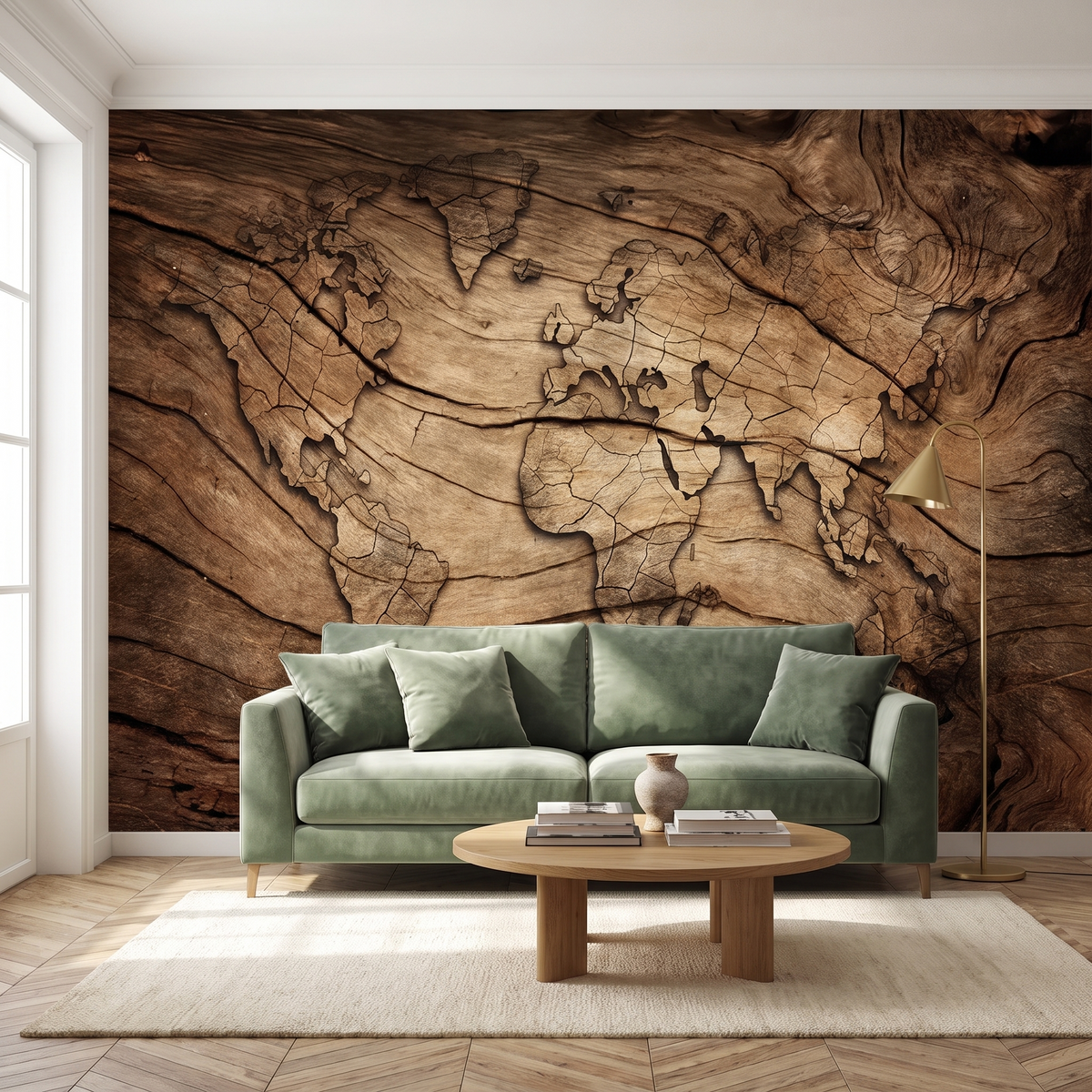 Papier peint panoramique Carte du monde sur bois, brun posé du sol au plafond dans un salon