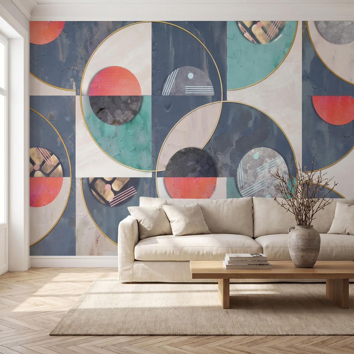 Papier peint panoramique Cercles années 70, bleu et corail posé du sol au plafond dans un salon
