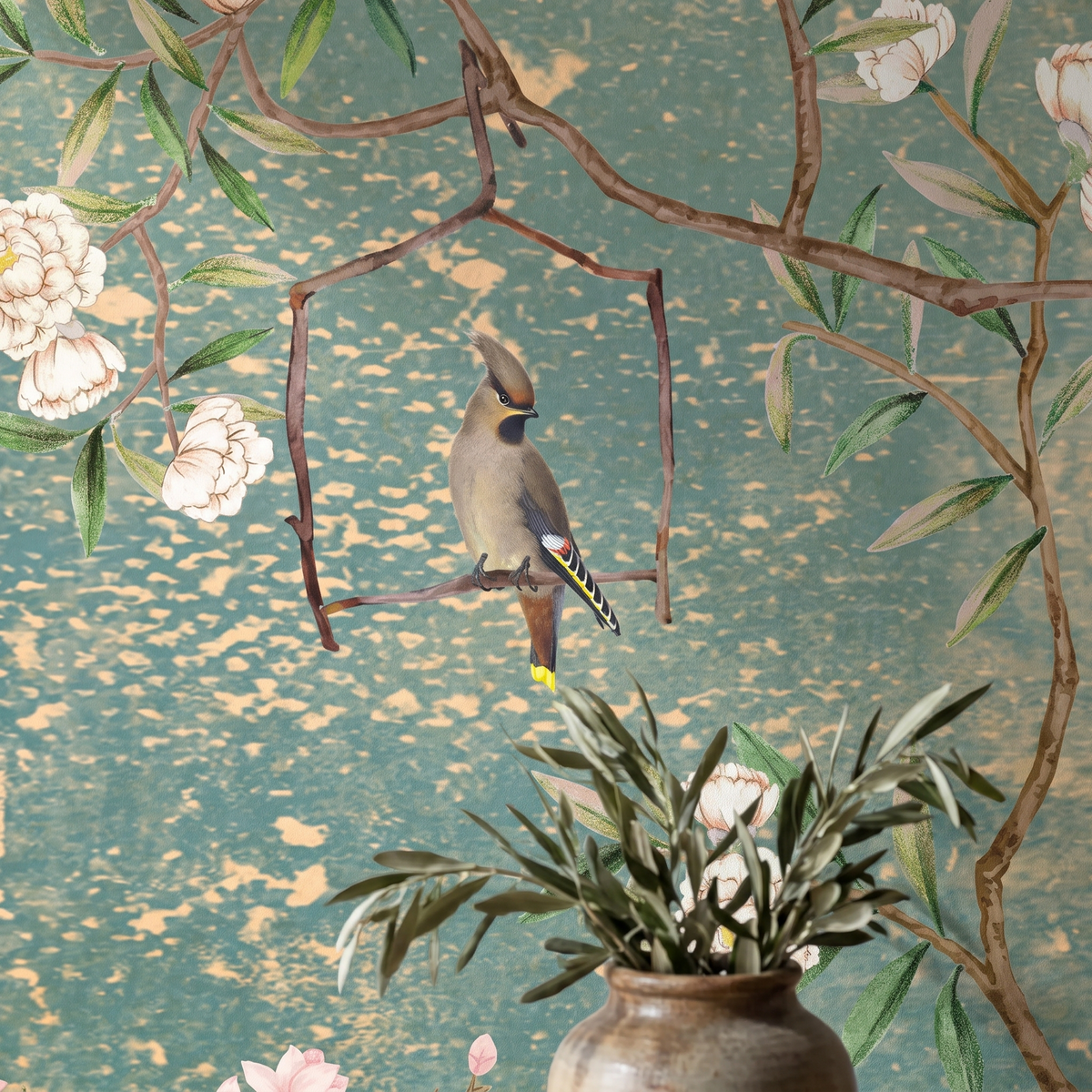 Détail du papier peint panoramique Chinoiserie cerisier et oiseaux, papier intissé mat