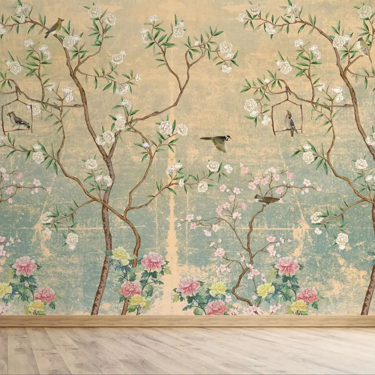 Papier peint panoramique Chinoiserie cerisier et oiseaux, exemple de pose