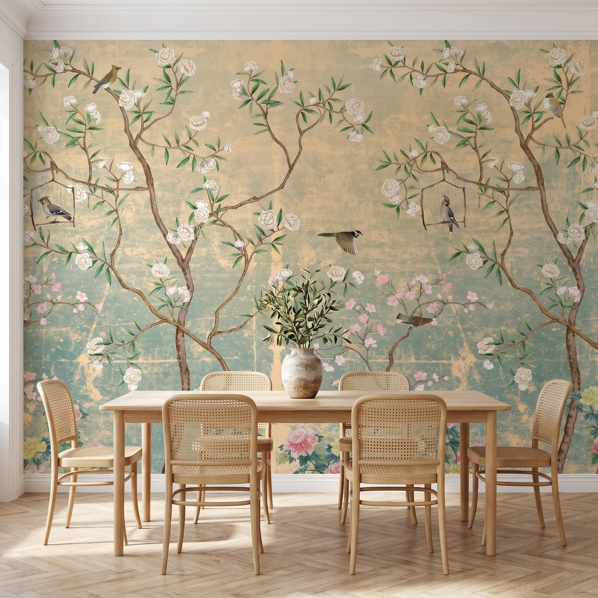 Papier peint panoramique Chinoiserie cerisier et oiseaux posé du sol au plafond dans une salle à manger