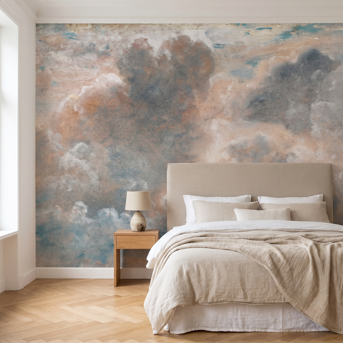 Papier peint panoramique Ciel de nuages, gris rosé posé du sol au plafond dans une chambre