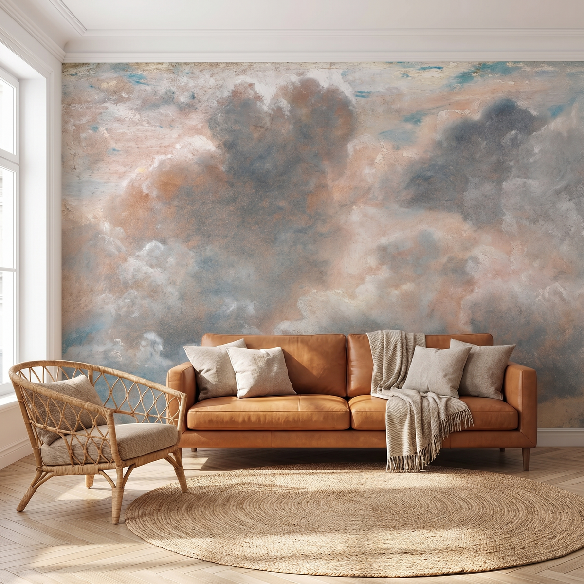 Papier peint panoramique Ciel de nuages, gris rosé posé du sol au plafond dans un salon