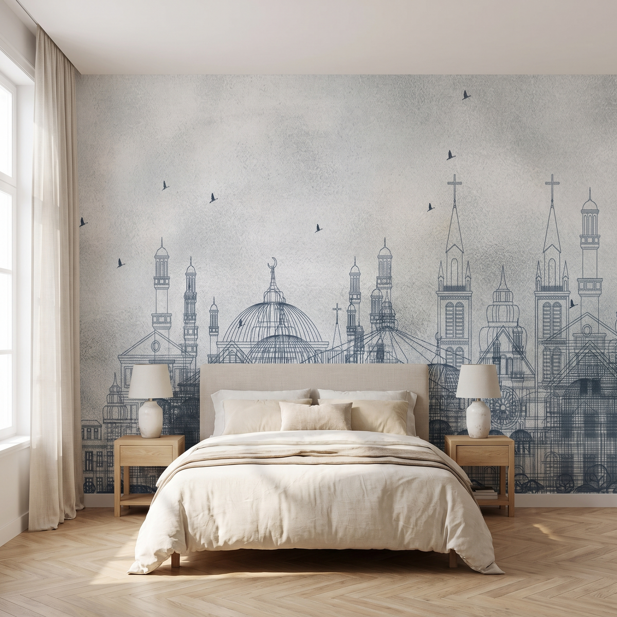 Papier peint panoramique Cité dans la brume, gris bleuté posé du sol au plafond dans une chambre