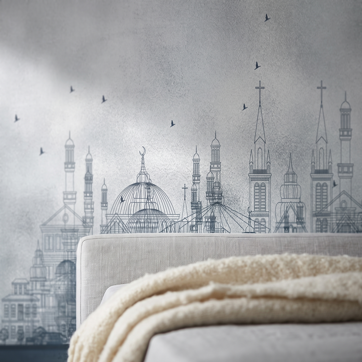 Détail du papier peint panoramique Cité dans la brume, gris bleuté, matière intissée mate