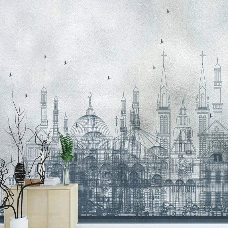 Papier peint panoramique Cité dans la brume, gris bleuté, exemple de pose