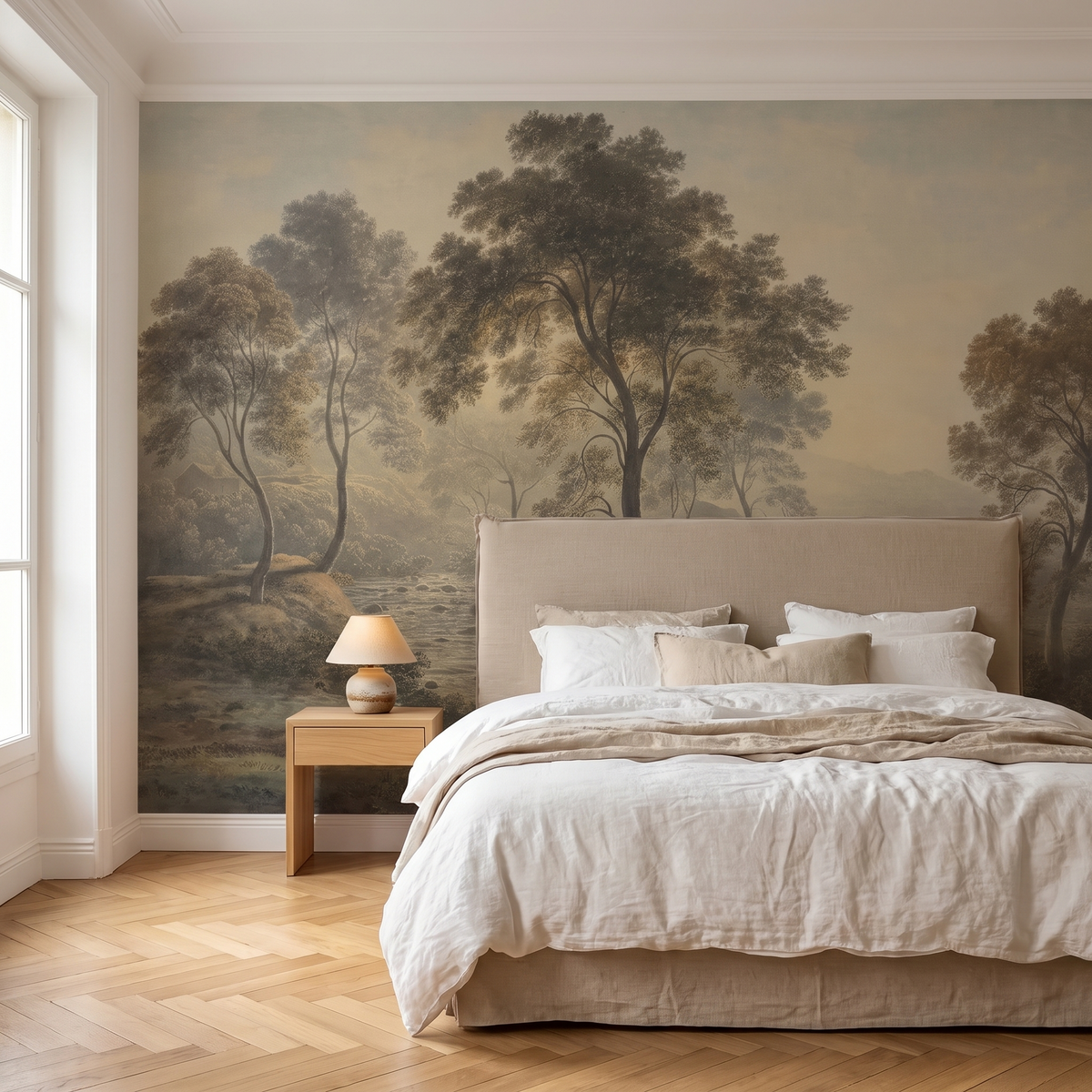 Papier peint panoramique Clairière brumeuse, beige posé du sol au plafond dans une chambre