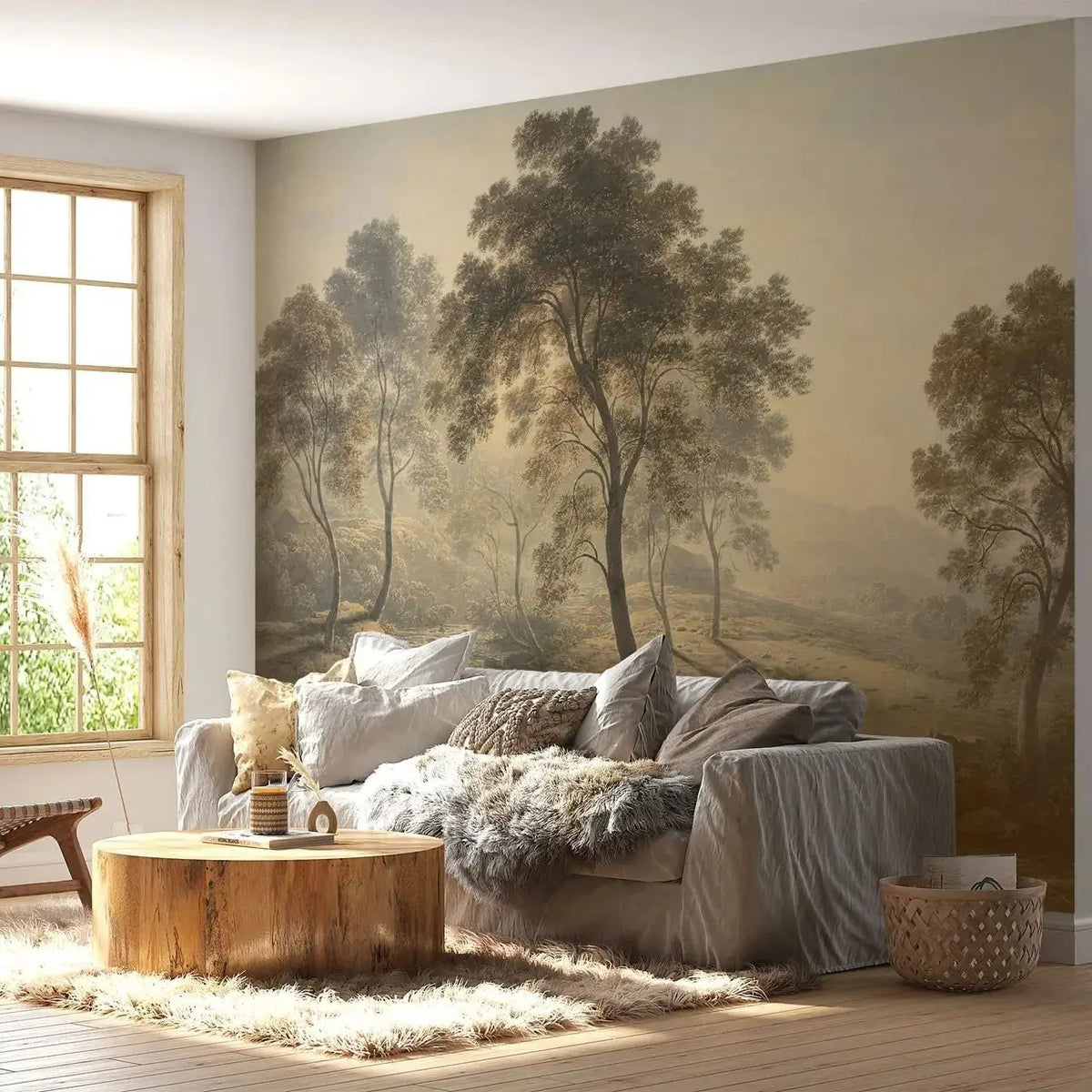 Papier peint panoramique Clairière brumeuse, beige, exemple de pose