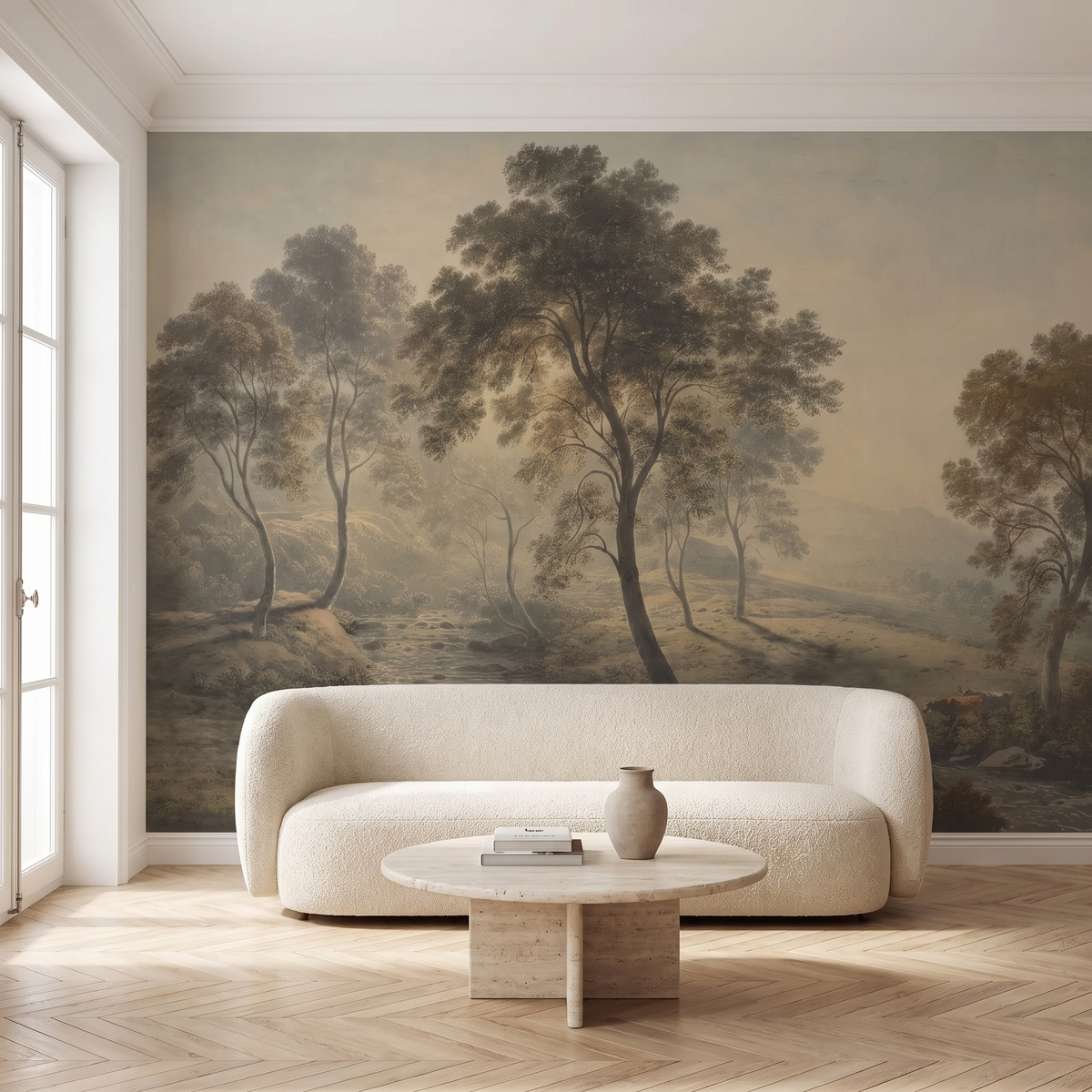 Papier peint panoramique Clairière brumeuse, beige posé du sol au plafond dans un salon