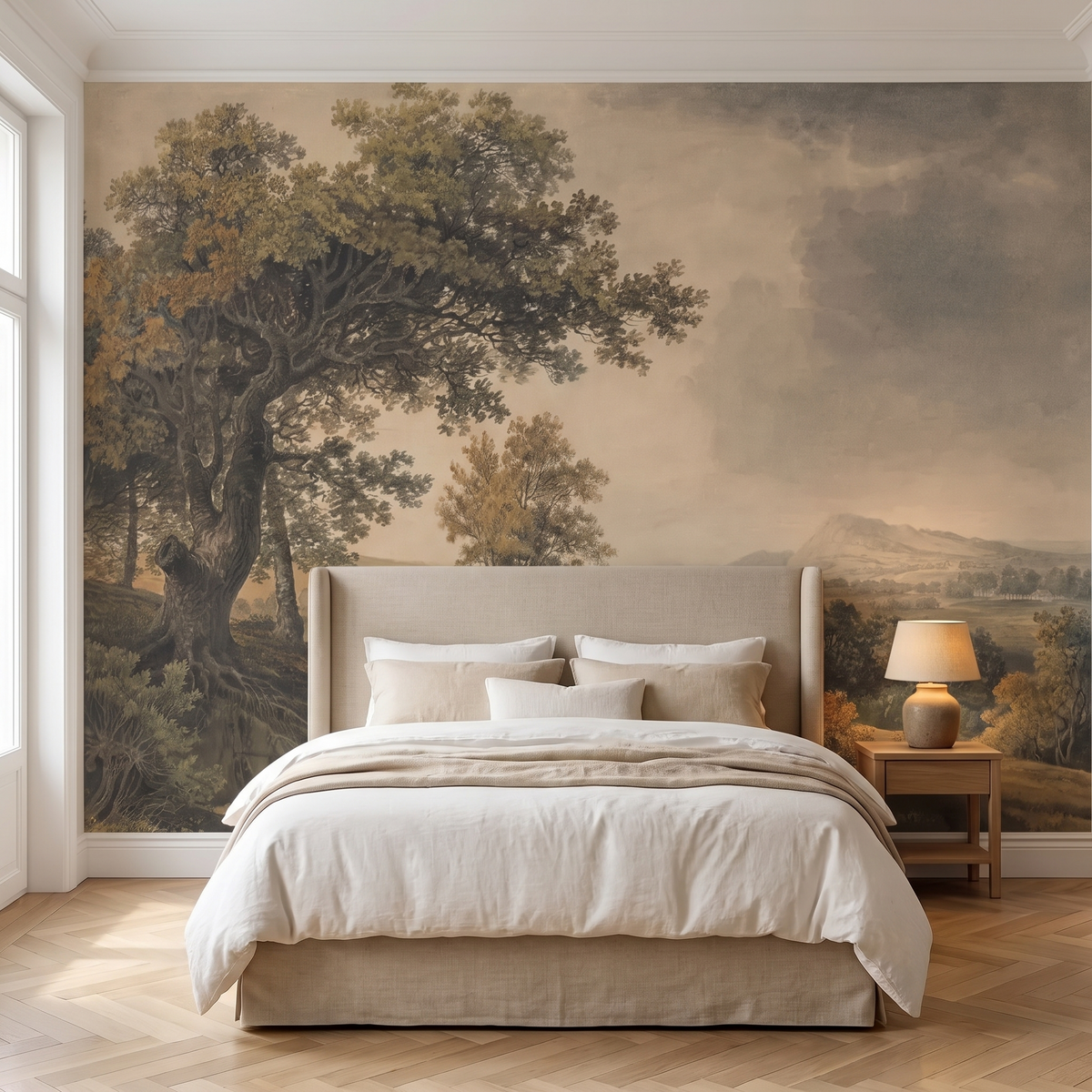 Papier peint panoramique Collines et grands arbres, sépia posé du sol au plafond dans une chambre