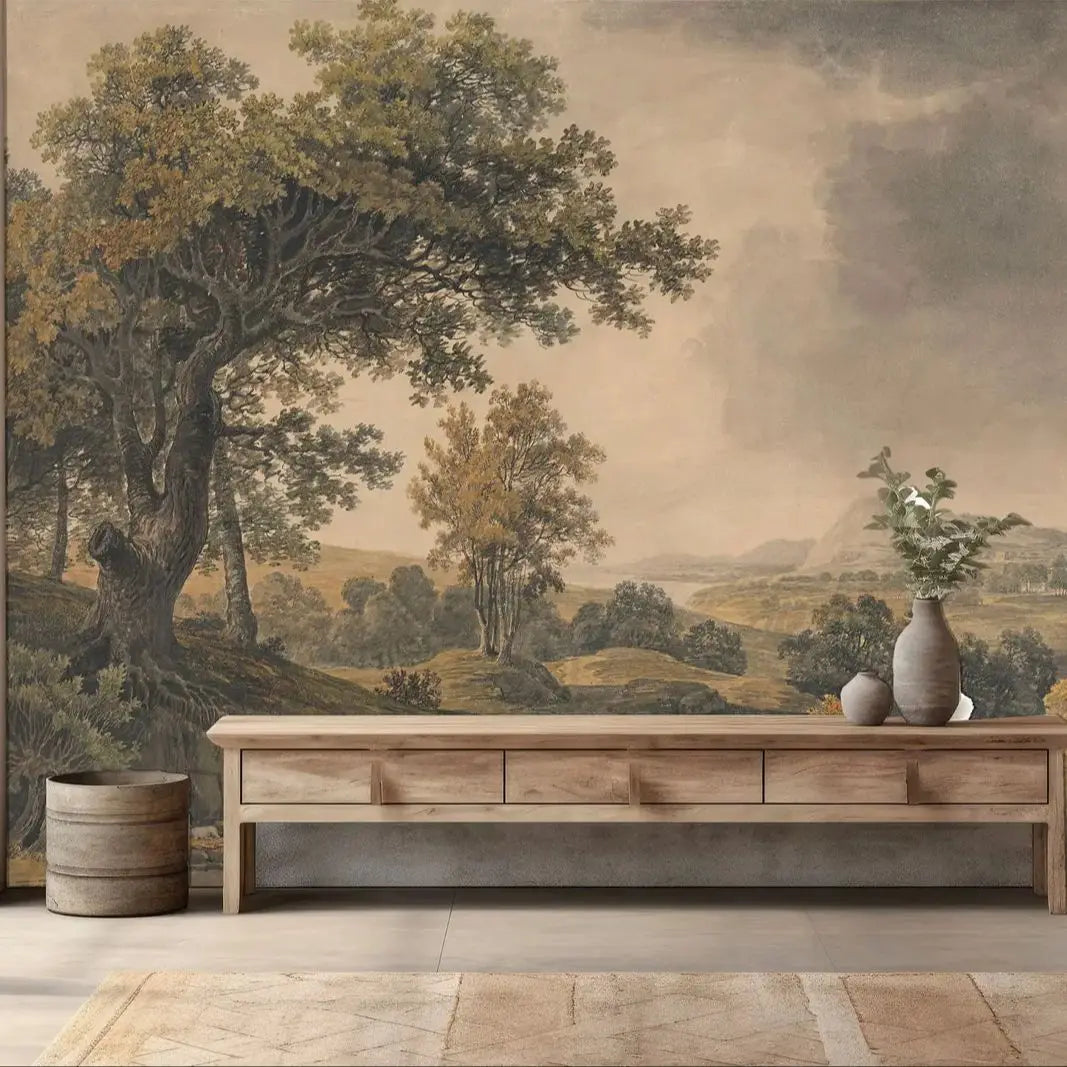 Papier peint panoramique Collines et grands arbres, sépia, exemple de pose